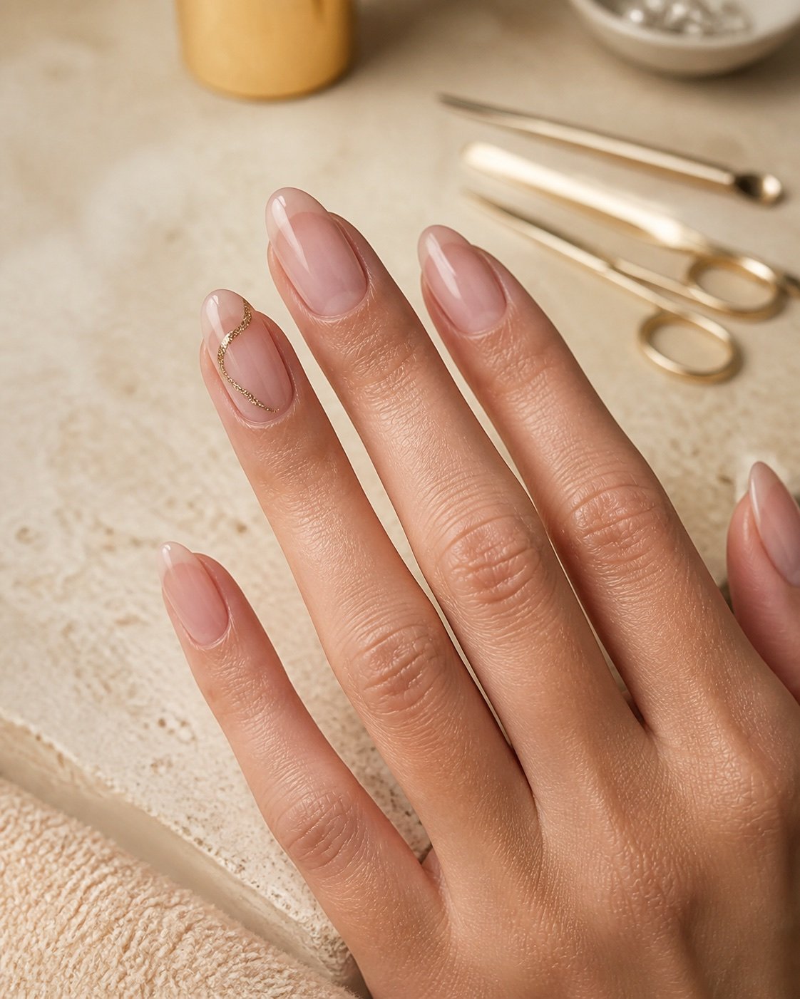 Blush bio gel nail extensions with a fine gold detail