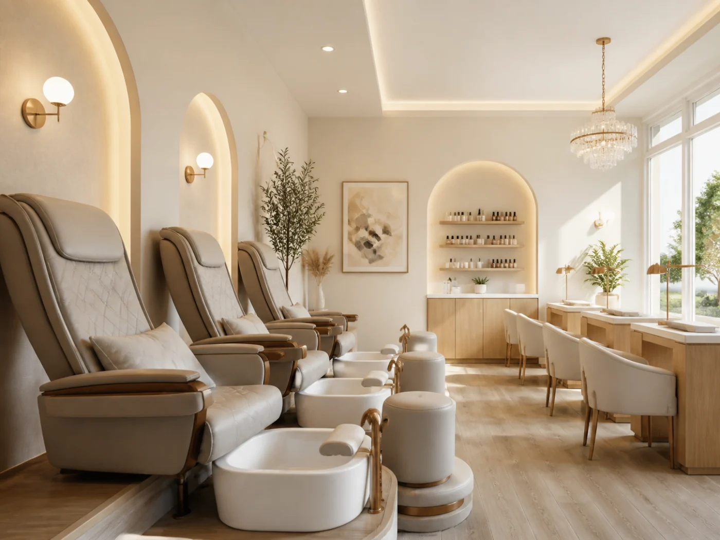 Warm and serene cream-toned nail salon interior