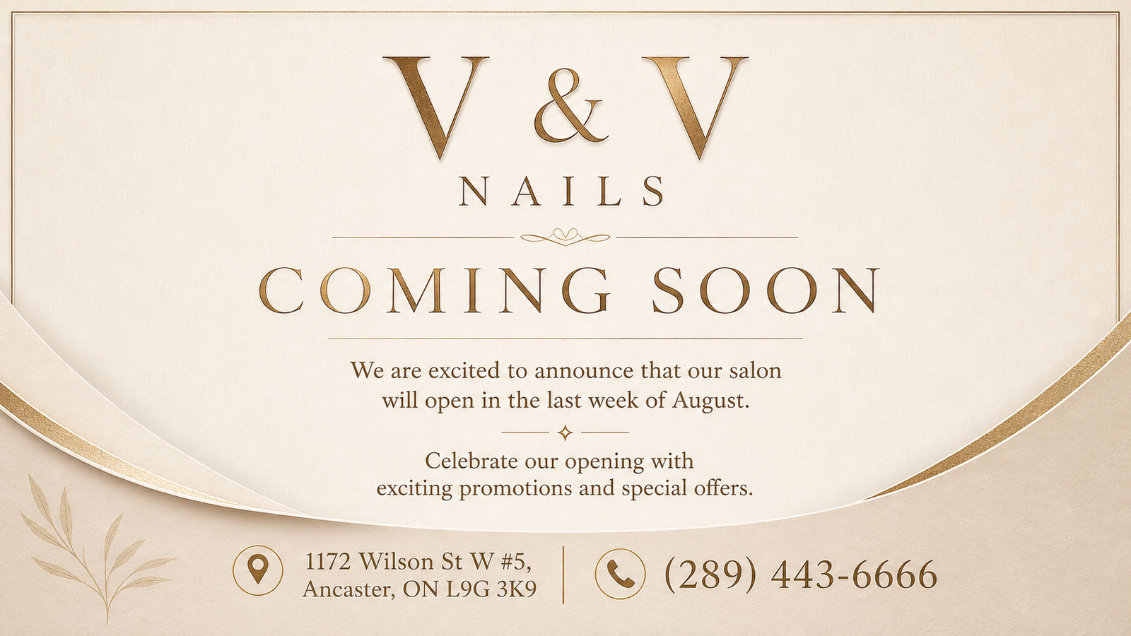 V & V Nails coming soon in the last week of August at 1172 Wilson St W Unit 5, Ancaster